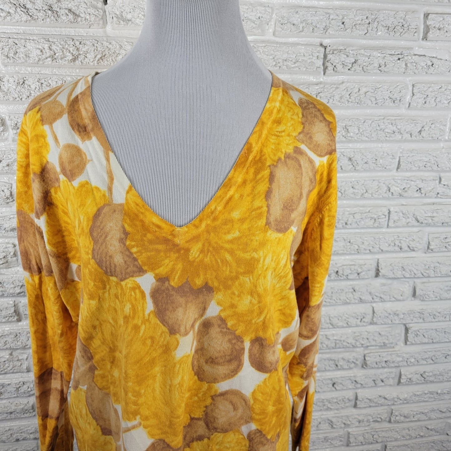 Liz Claiborne Womens Top Extra Large Long Sleeve Yellow Floral Knit Cotton Blend