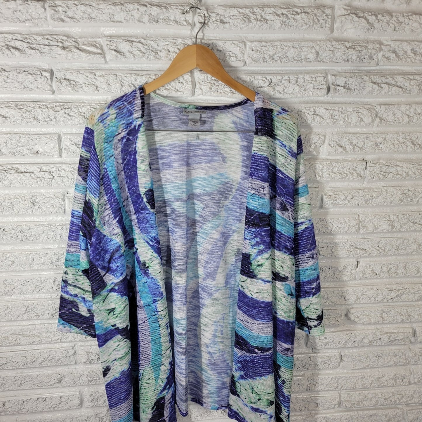 Catherines Womens Top 3X Plus Cardigan Knit Open Blue Watercolor Lightweight