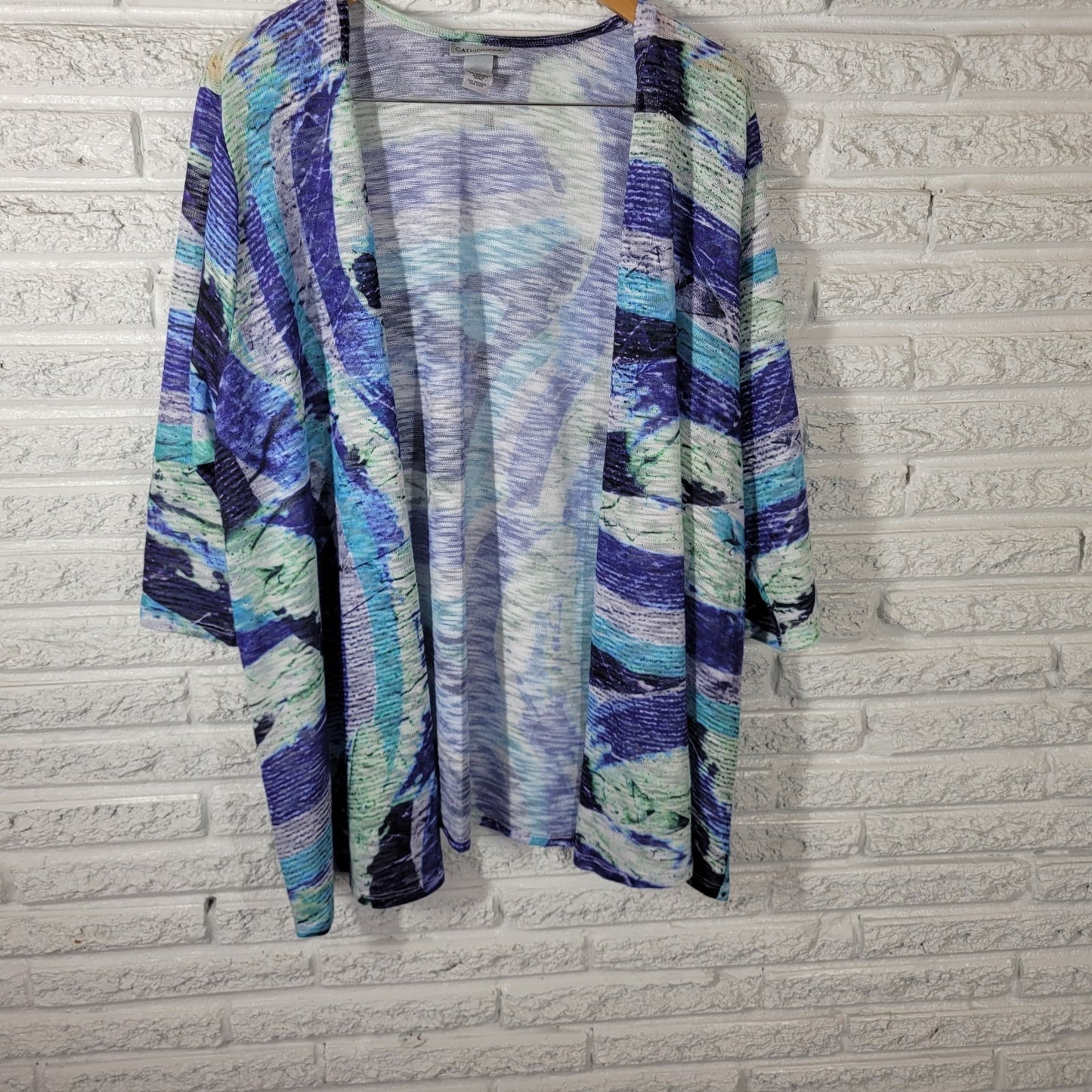 Catherines Womens Top 3X Plus Cardigan Knit Open Blue Watercolor Lightweight