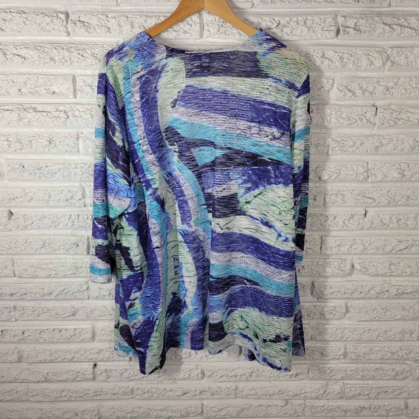 Catherines Womens Top 3X Plus Cardigan Knit Open Blue Watercolor Lightweight