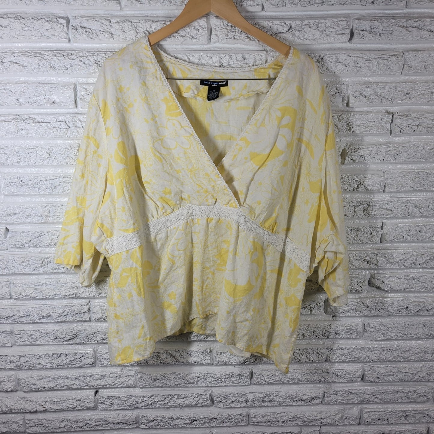 St Tropez West Women Top 3X Plus 3/4 Sleeve Yellow Floral Linen Lightweight Lace