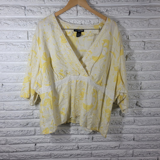 St Tropez West Women Top 3X Plus 3/4 Sleeve Yellow Floral Linen Lightweight Lace