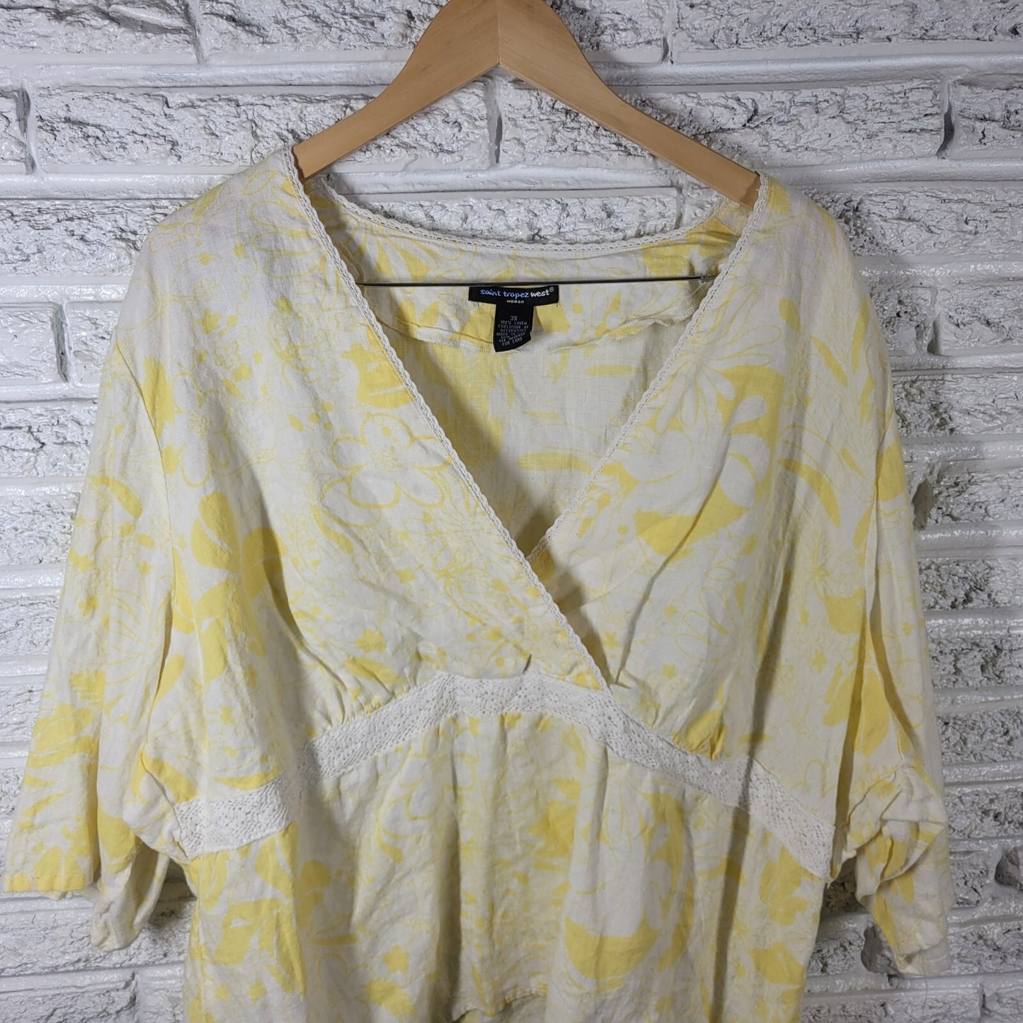 St Tropez West Women Top 3X Plus 3/4 Sleeve Yellow Floral Linen Lightweight Lace