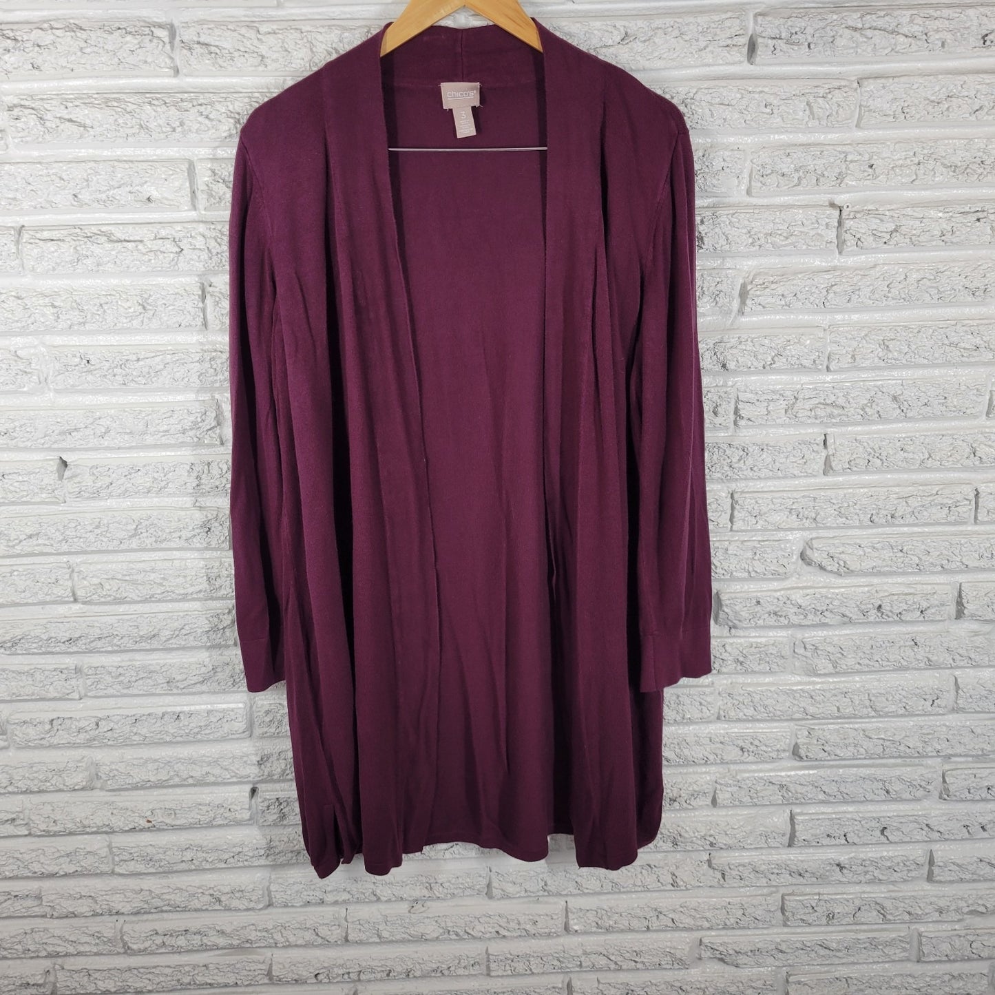 Chicos Womens Sweater 3 Standard XL Cardigan Open Burgundy Rayon Office Casual