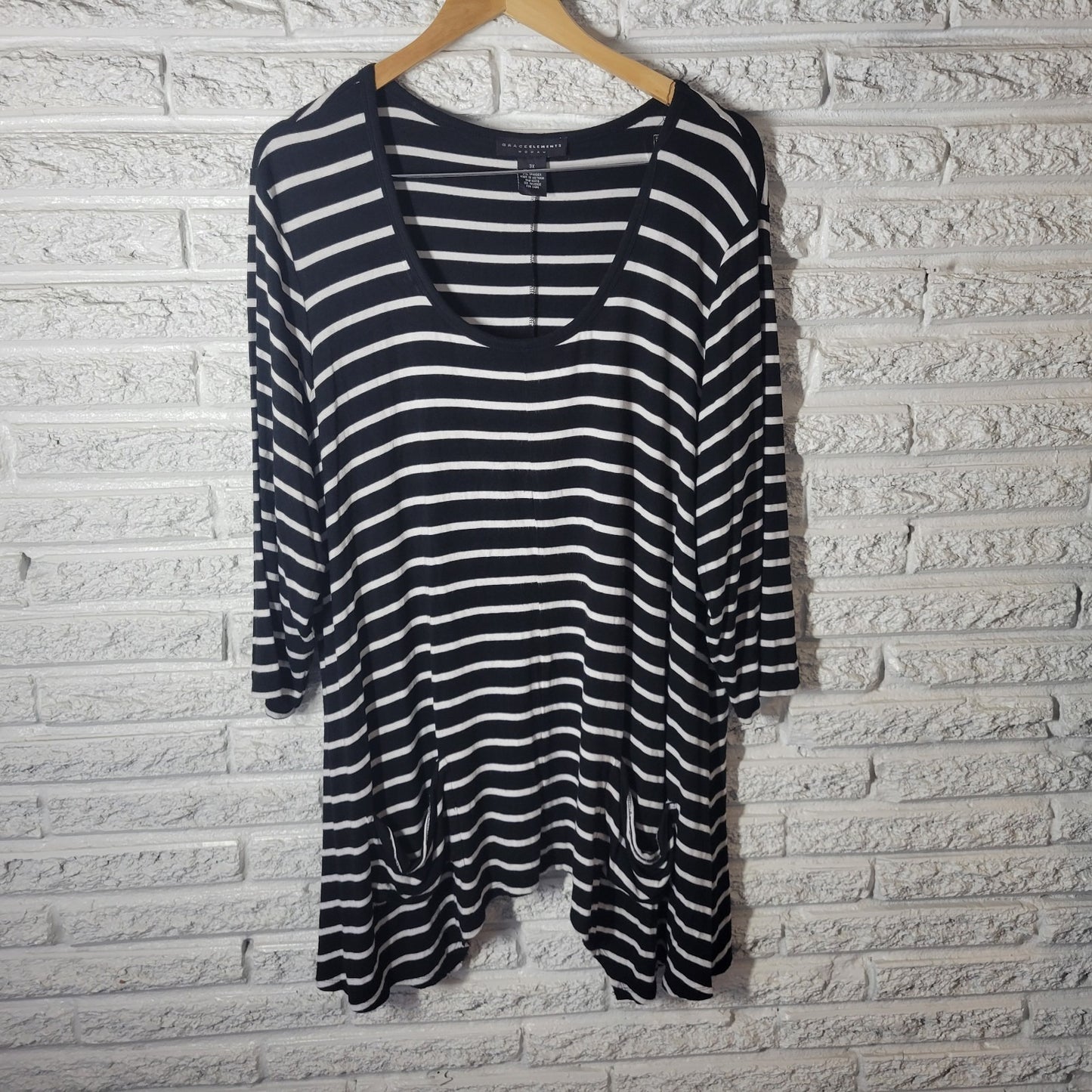 Grace Elements Womens Top 3X Plus Tunic Asymmetric 3/4 Sleeve Black Stripe