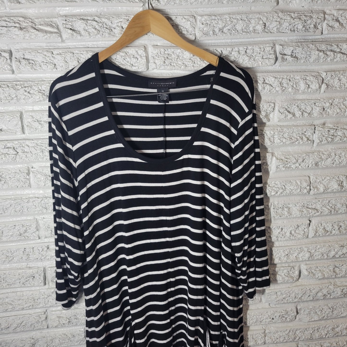 Grace Elements Womens Top 3X Plus Tunic Asymmetric 3/4 Sleeve Black Stripe