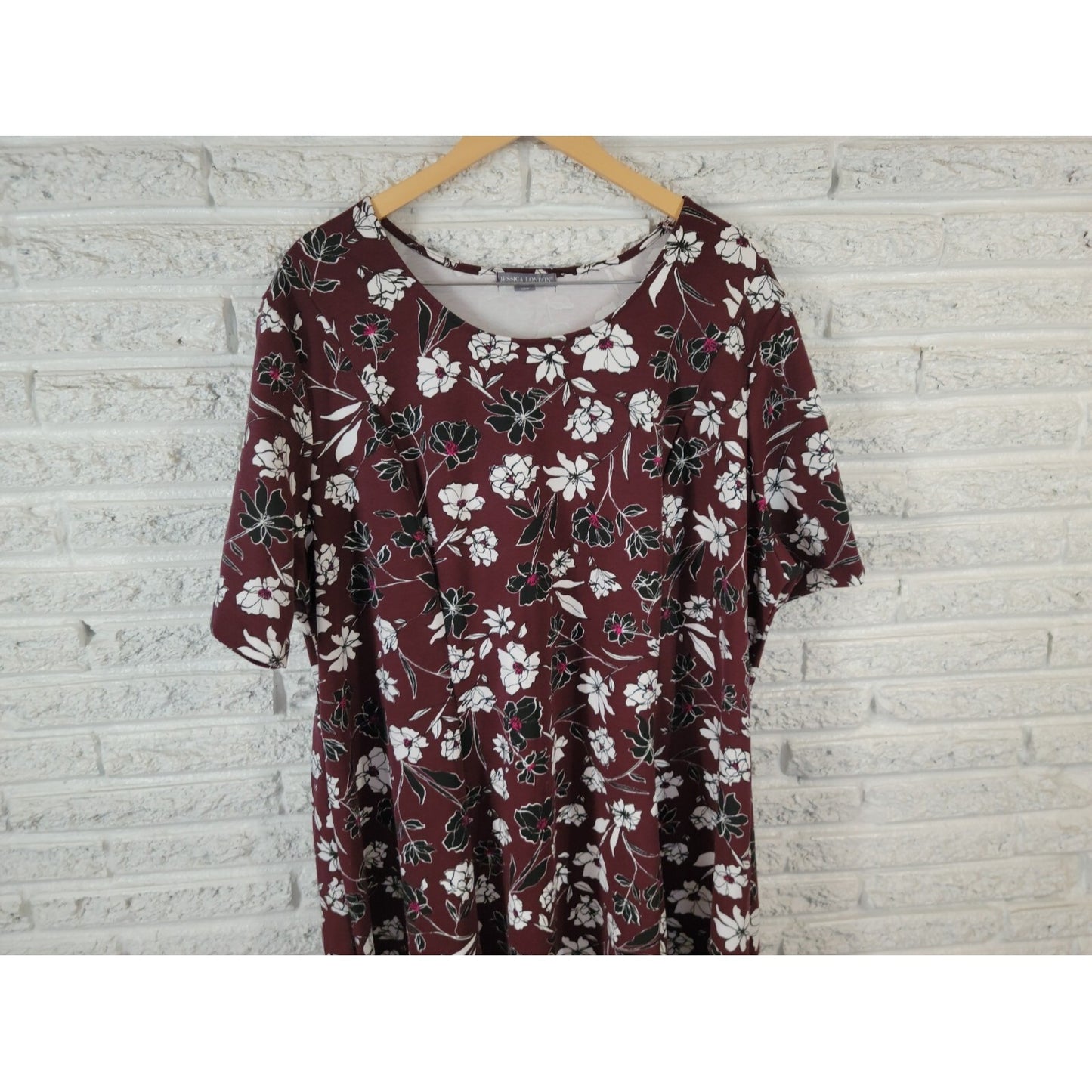Jessica London Womens Dress 28W Plus Short Sleeve Casual Burgundy Floral Casual