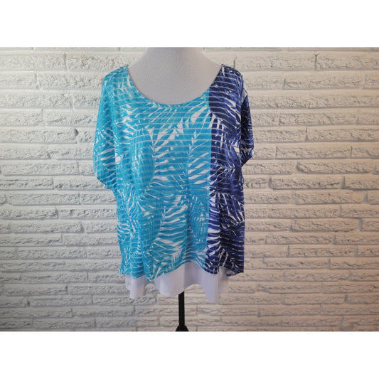 Ruby Rd Womens Top 1X Plus Cap Sleeve Blue Floral Asymmetric Casual Laser Cut