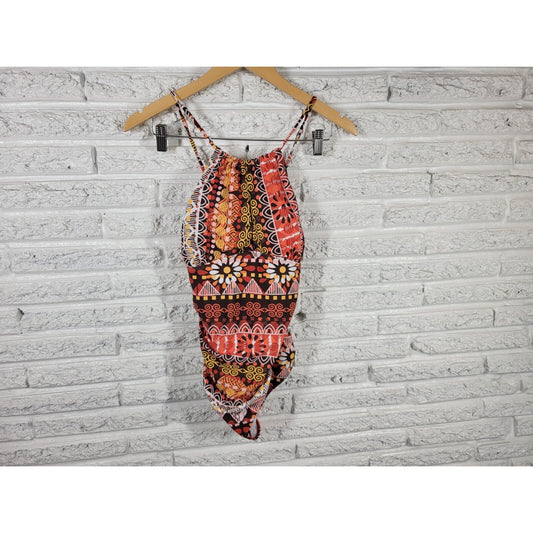 Suzanne Betro Women XL One Piece Swimsuit Orange Halter Criss Cross Back Swim