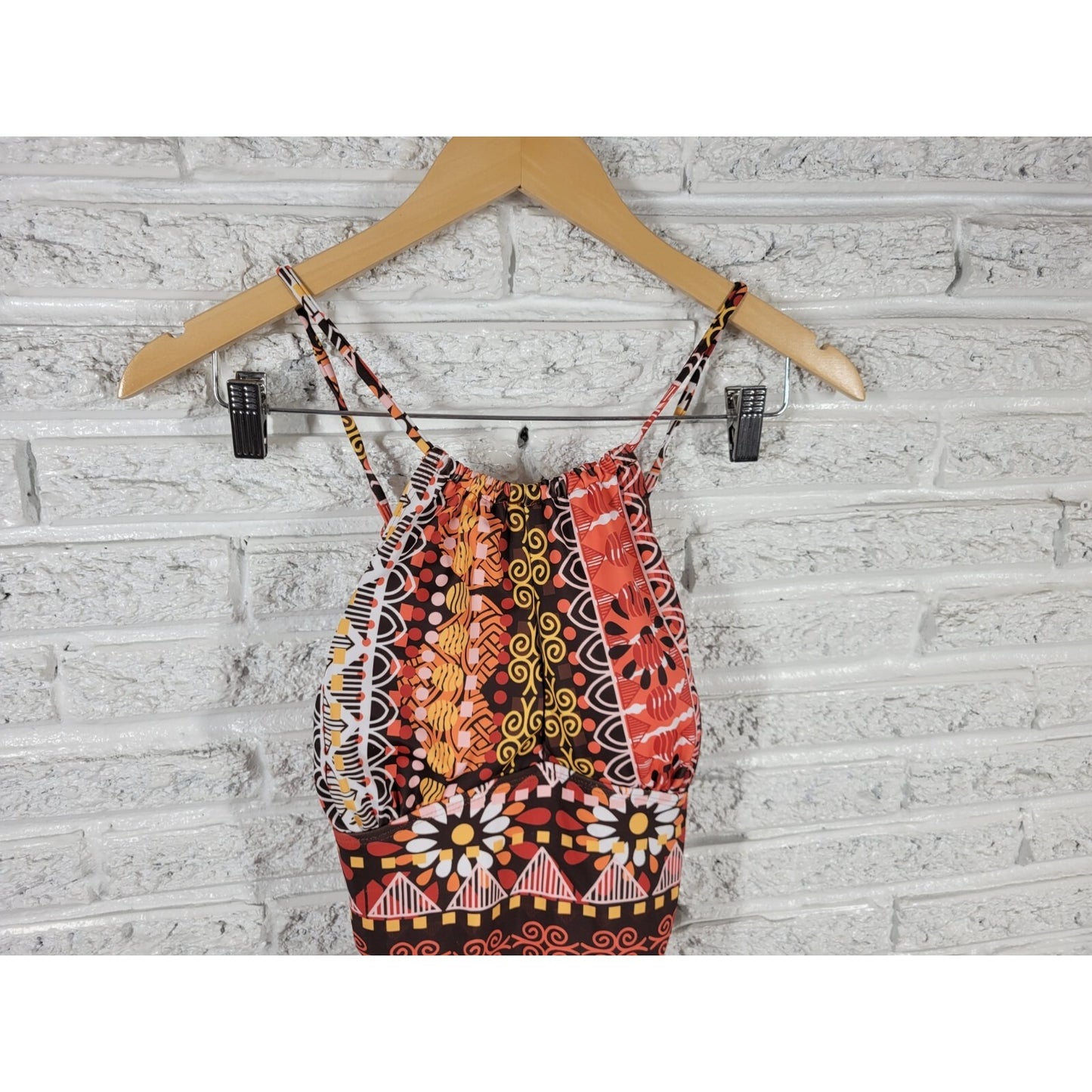 Suzanne Betro Women XL One Piece Swimsuit Orange Halter Criss Cross Back Swim