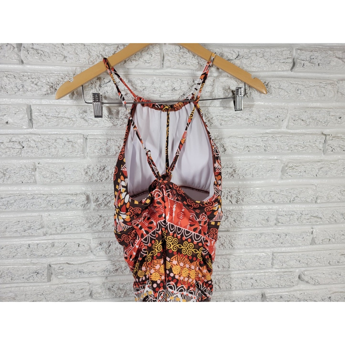 Suzanne Betro Women XL One Piece Swimsuit Orange Halter Criss Cross Back Swim