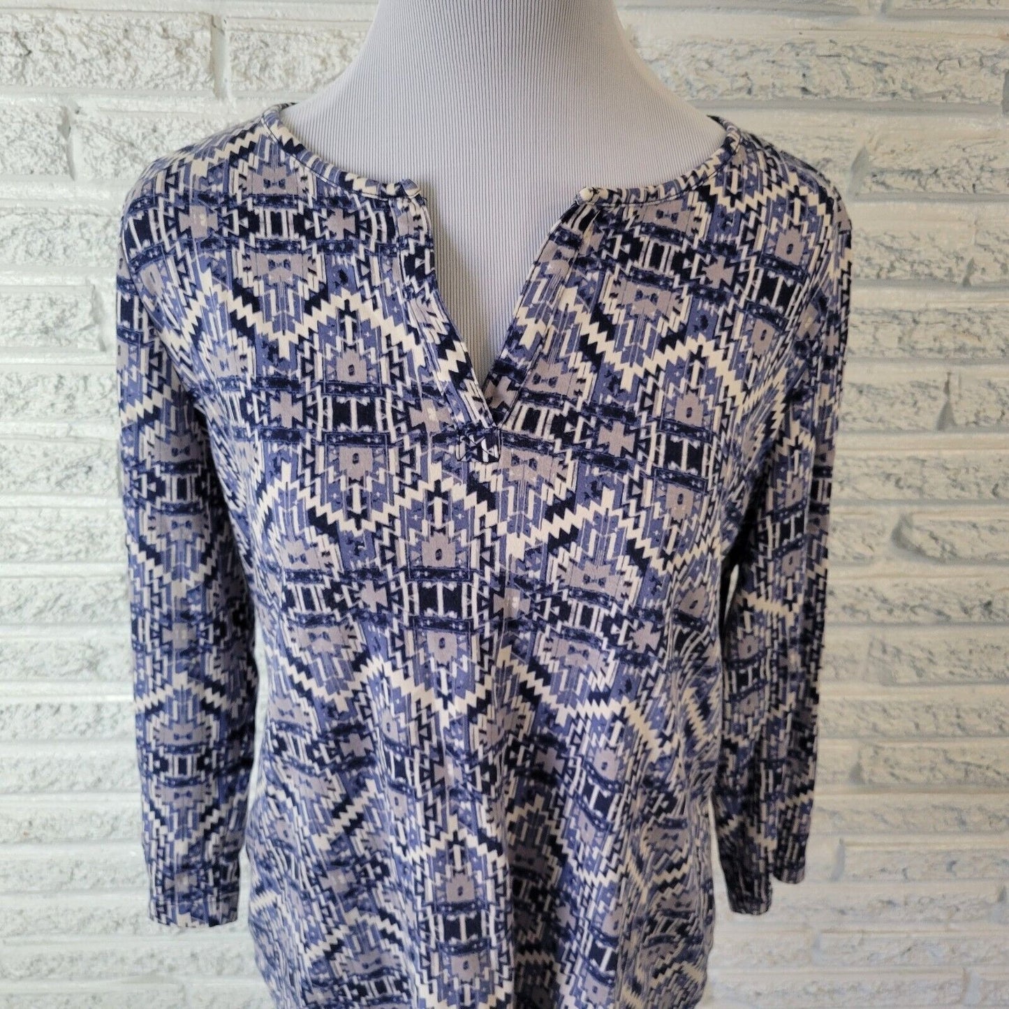 Kim Rogers Women Top Extra Large XL 3/4 Sleeve Blue Gray Geometric Cotton Casual