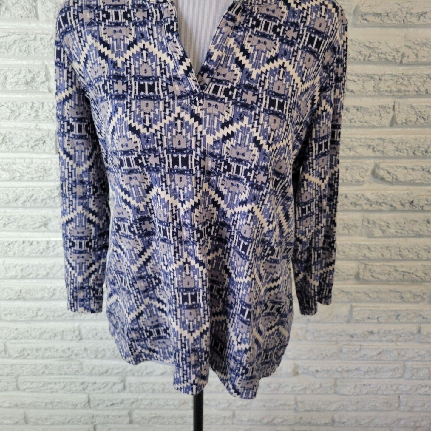 Kim Rogers Women Top Extra Large XL 3/4 Sleeve Blue Gray Geometric Cotton Casual