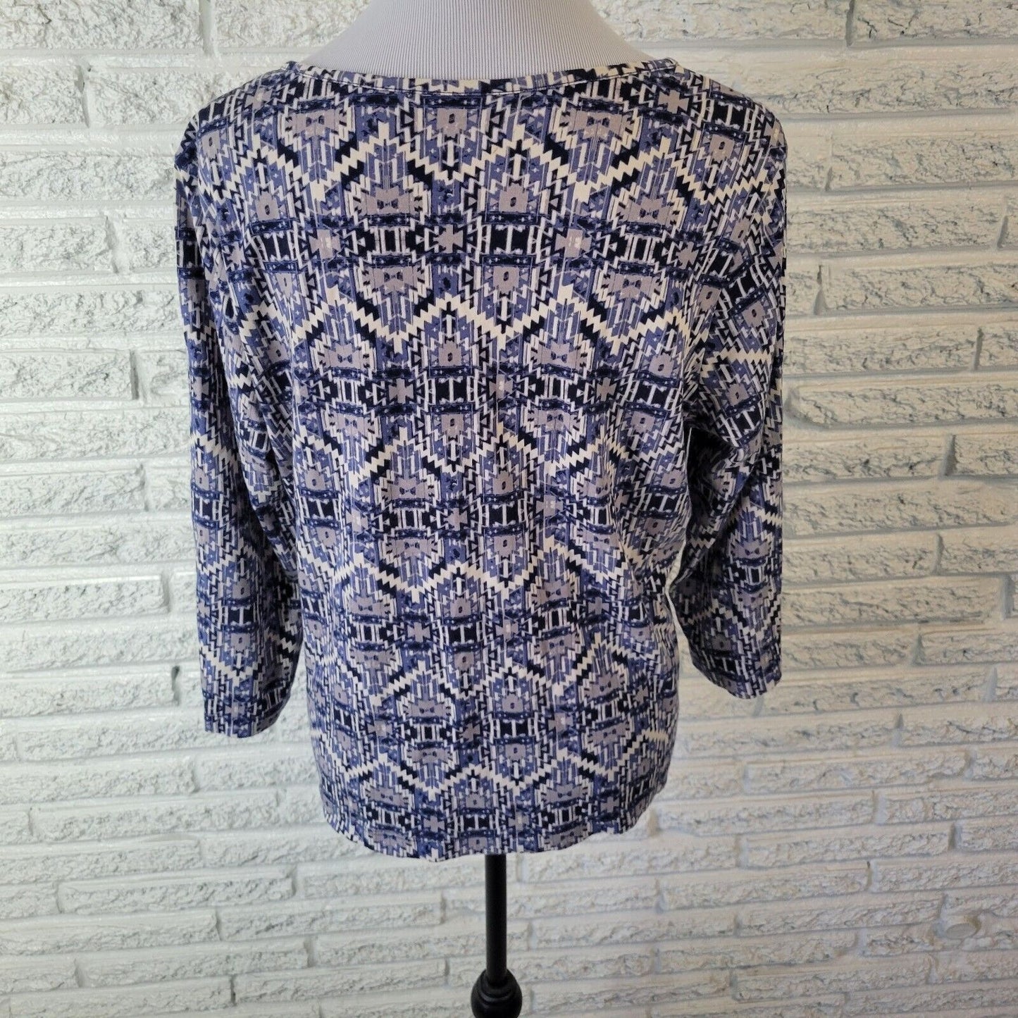 Kim Rogers Women Top Extra Large XL 3/4 Sleeve Blue Gray Geometric Cotton Casual