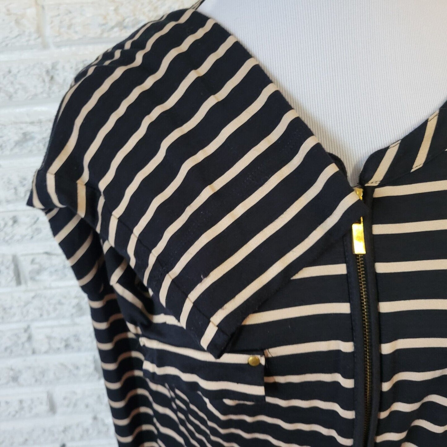 Rebecca Malone Women Top 2X Plus 3/4 Sleeve Zip Black Stripe Faux Pockets Casual