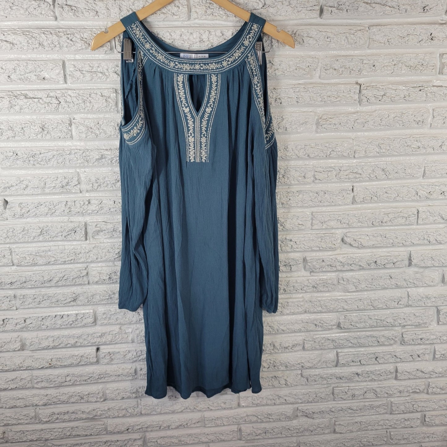 Time Tru Womens Dress Extra Large Mini Cold Shoulder Blue Embroidered Crinkle
