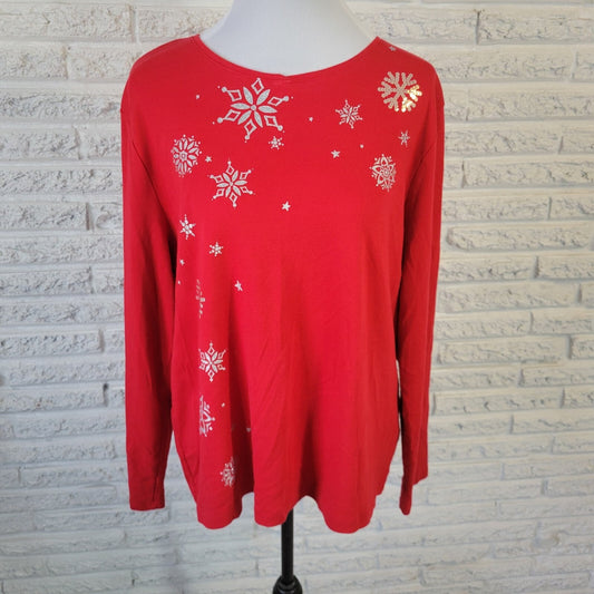 Croft Barrow Women Top XL Long Sleeve Red Snowflakes Glitter Cotton Sequin Comfy