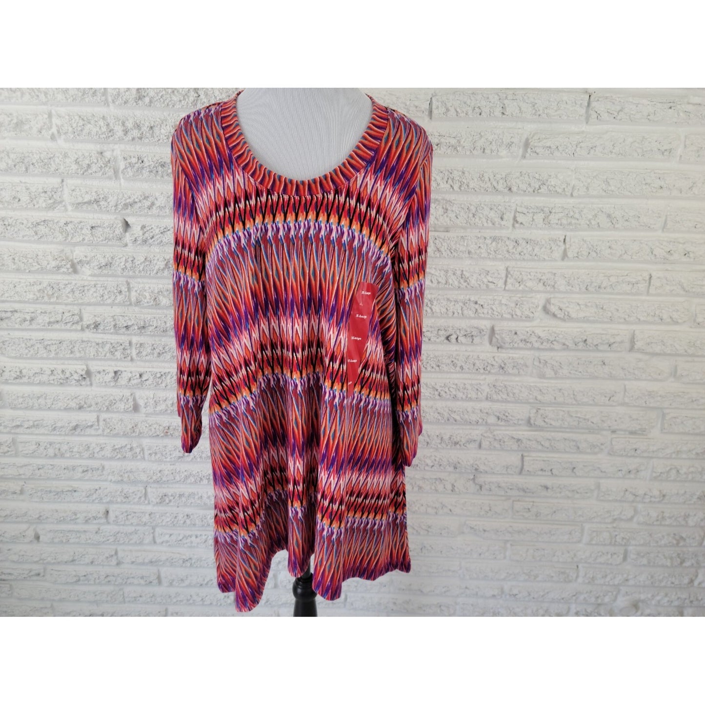 Premise Women's XL Red Geometric Tunic Blouse Top 3/4 Sleeve Pullover Round Neck