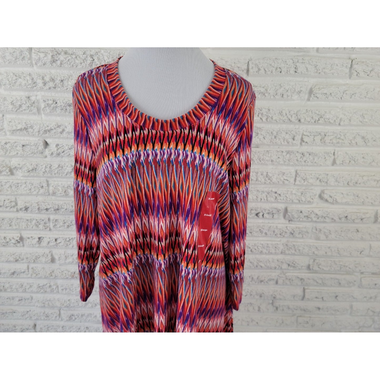 Premise Women's XL Red Geometric Tunic Blouse Top 3/4 Sleeve Pullover Round Neck