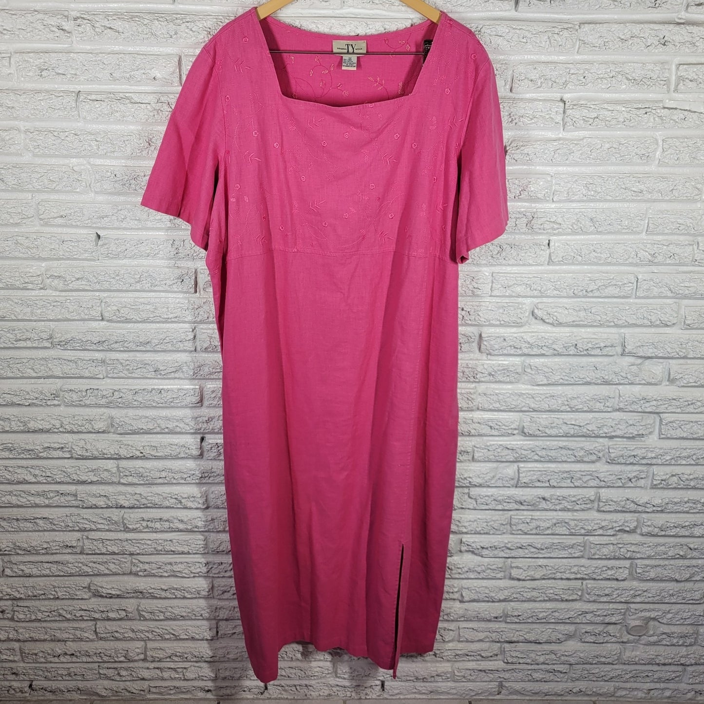 Original Ty Wear 3X Plus Size Pink Linen Cotton Dress Embroidered Midi Side Slit