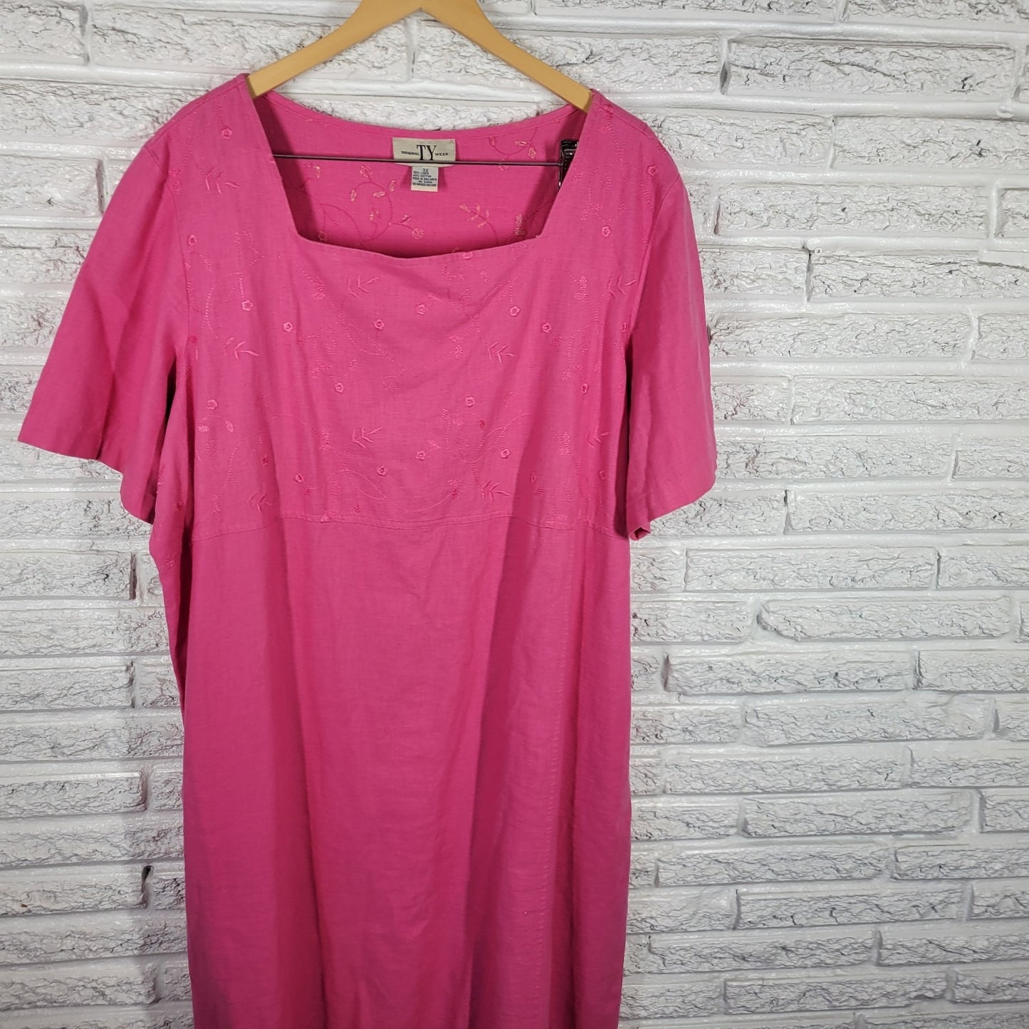 Original Ty Wear 3X Plus Size Pink Linen Cotton Dress Embroidered Midi Side Slit