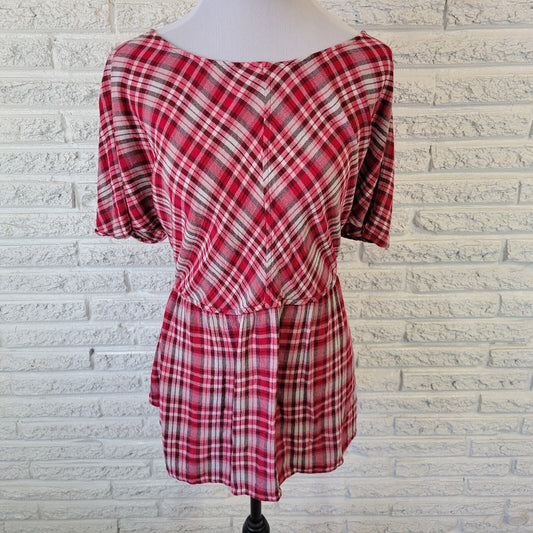 Lane Bryant Women Top 18 Plus Cap Sleeve Pink White Plaid Sash Comfy Lightweight