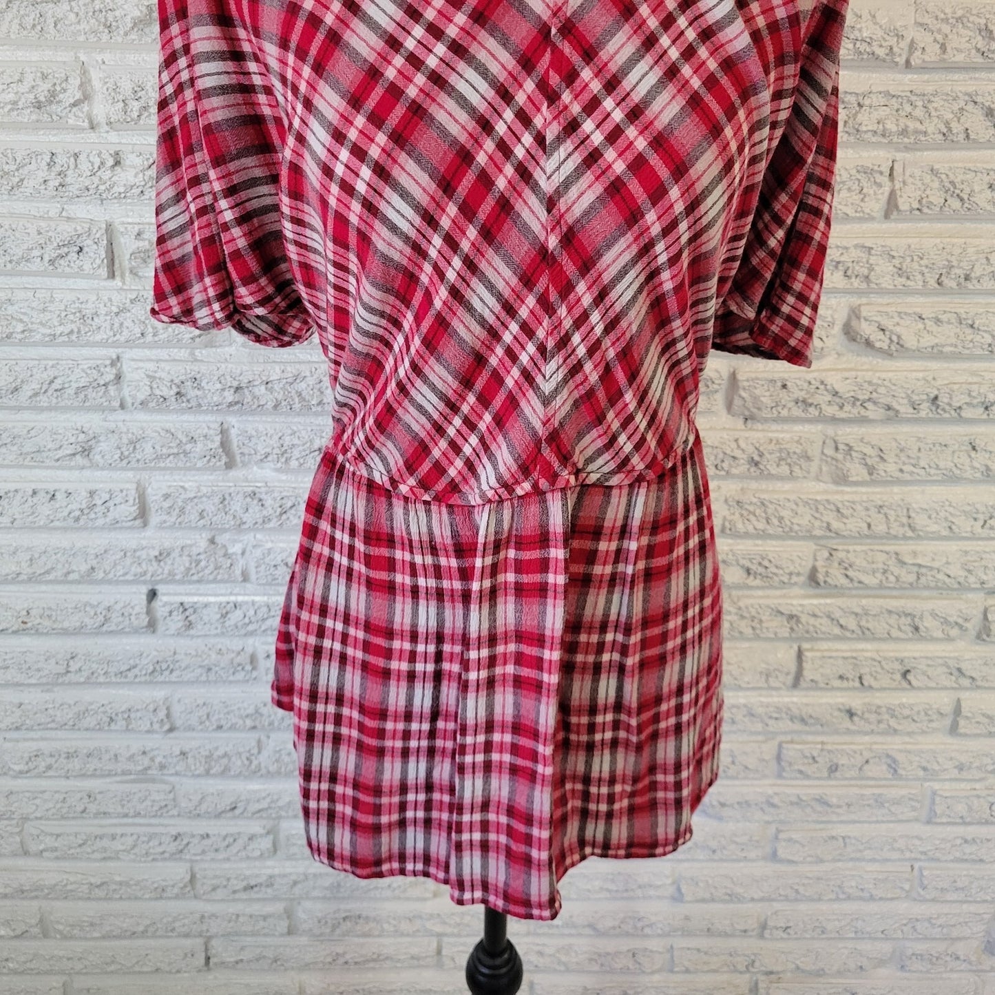 Lane Bryant Women Top 18 Plus Cap Sleeve Pink White Plaid Sash Comfy Lightweight