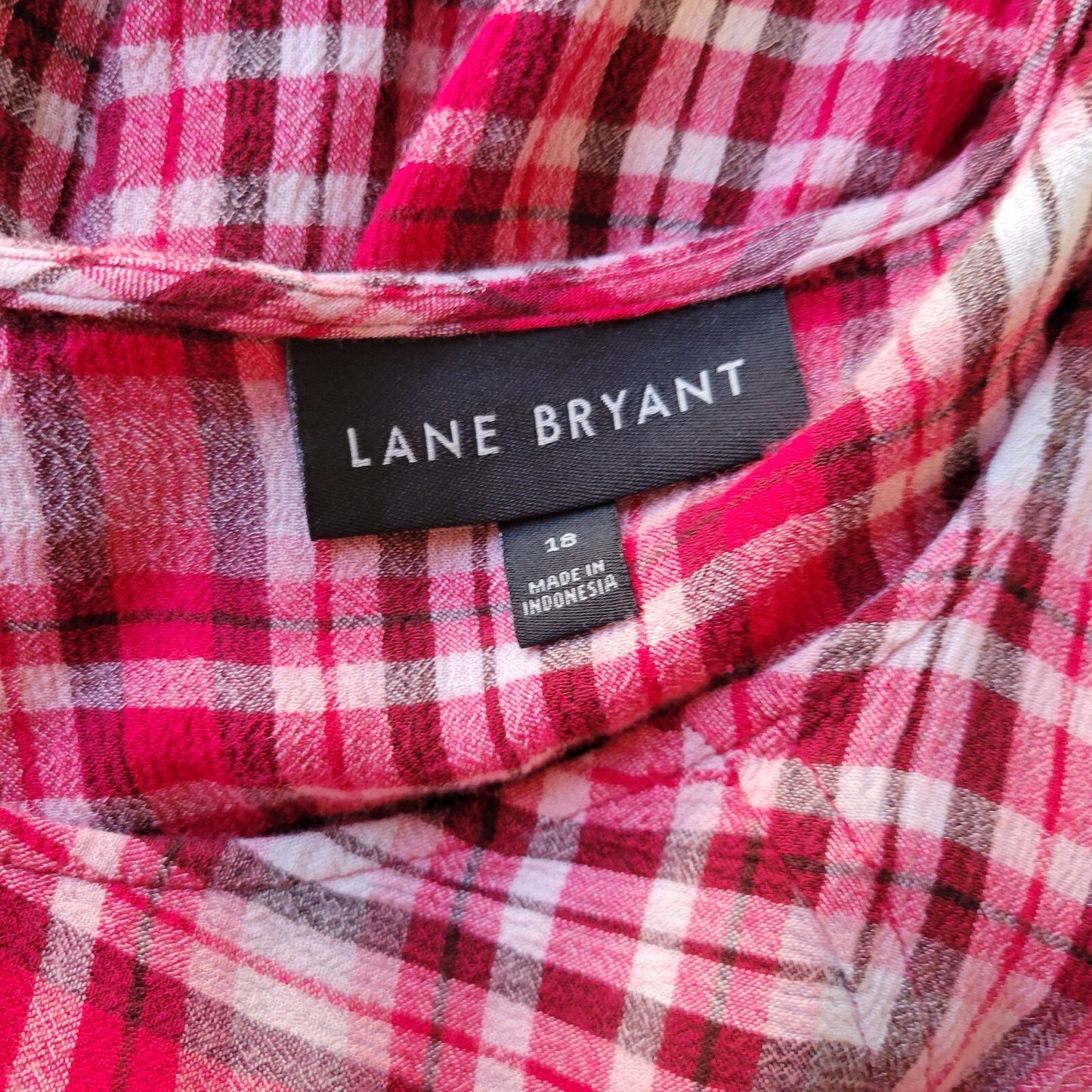 Lane Bryant Women Top 18 Plus Cap Sleeve Pink White Plaid Sash Comfy Lightweight