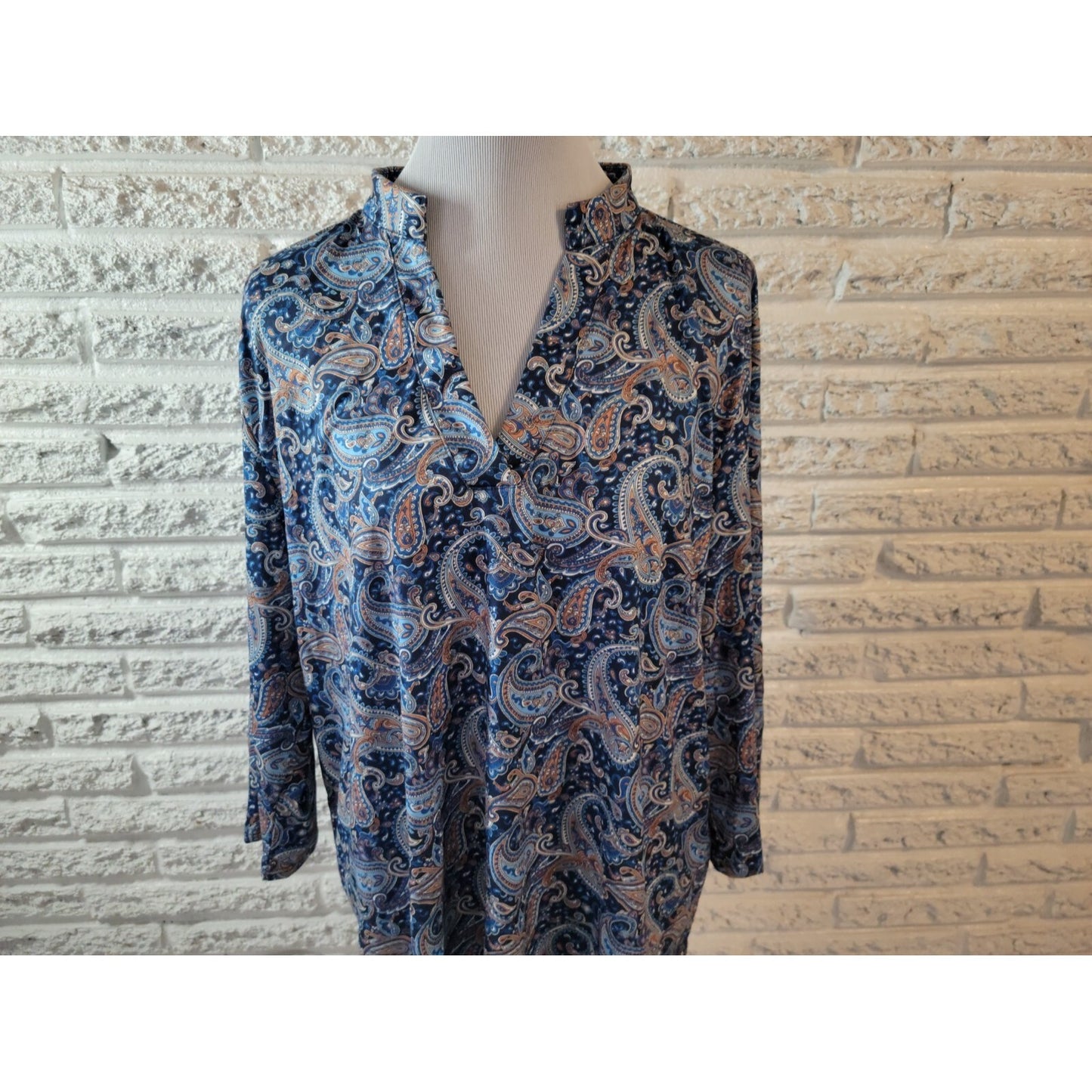 Womens Top 3XL Plus Tunic 3/4 Sleeve Blue Paisley Polyester Blend Asymmetric