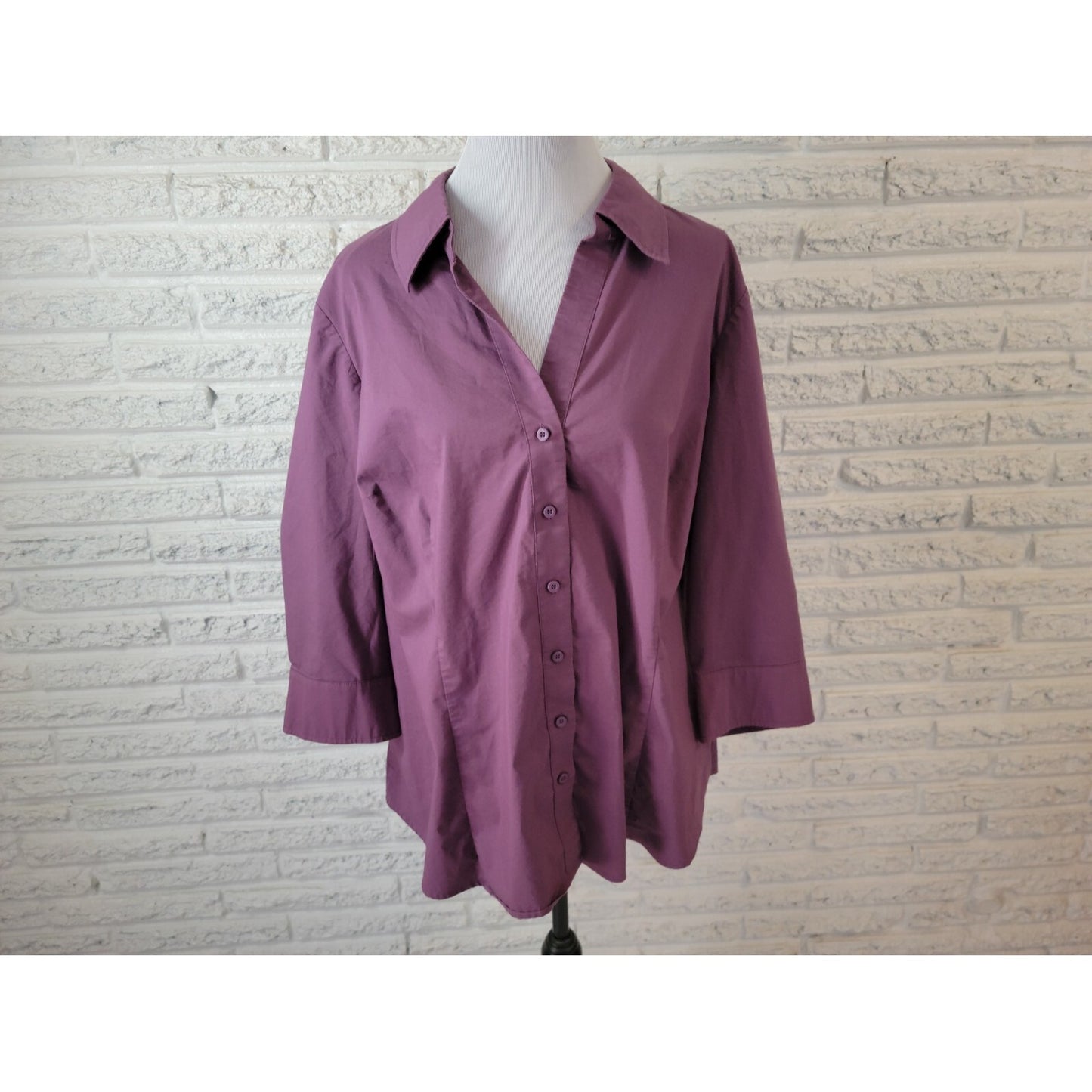 Worthington Women Shirt 3X Plus 3/4 Sleeve Collar Button Up Purple Lightweight