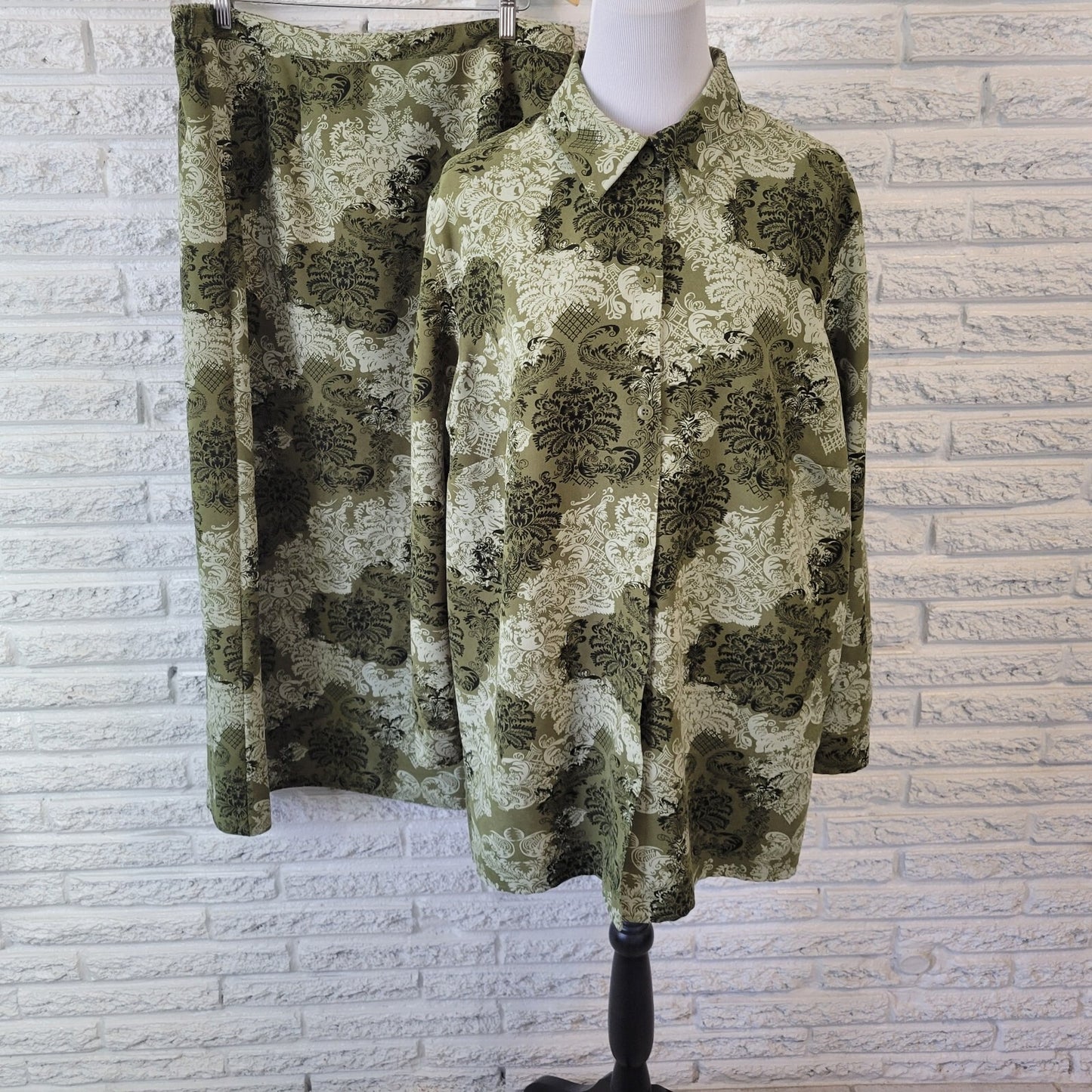 JM Collection Womens Skirt and Top 16W Plus Midi Pencil Green Damask Office