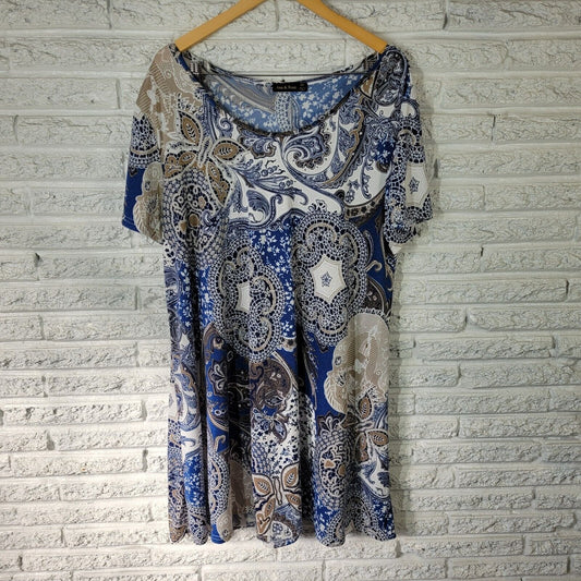 Ana Rose Womens Dress 2X Mini Short Sleeve Blue Paisley Poly Blend Lightweight