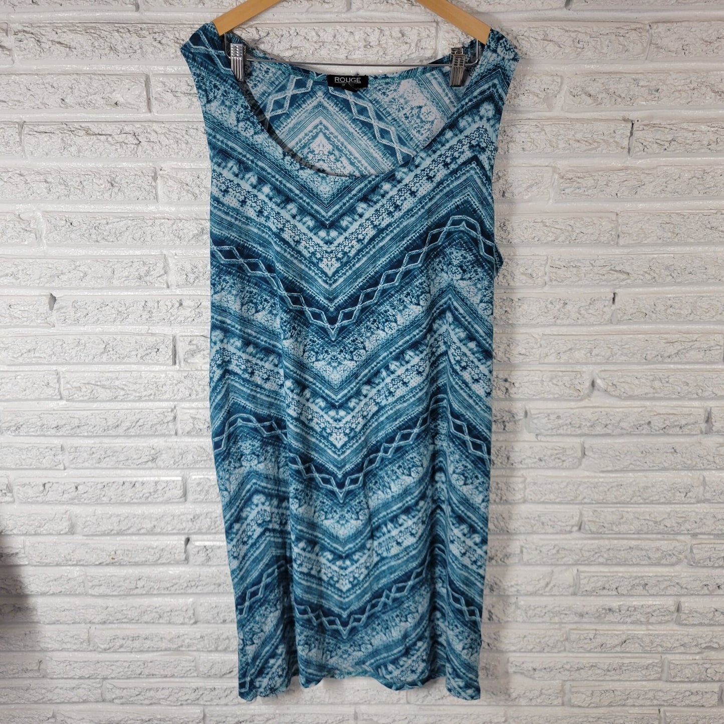Rouge Women Dress 3X Tank Sleeveless Blue Green Geometric Lightweight Poly Blend