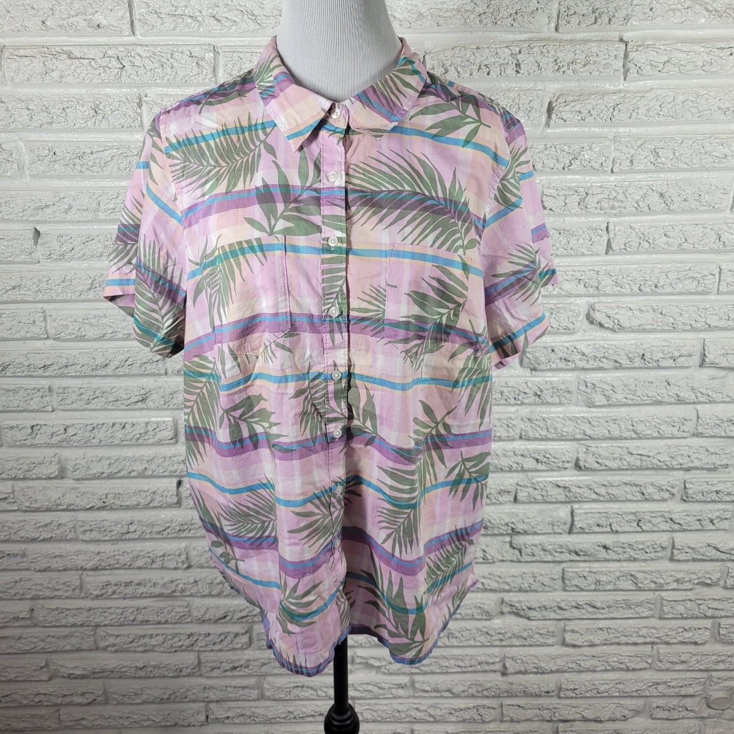 Lands End Women's Plus Size 1X Lavender Floral Cotton Button Front Short Sleeve