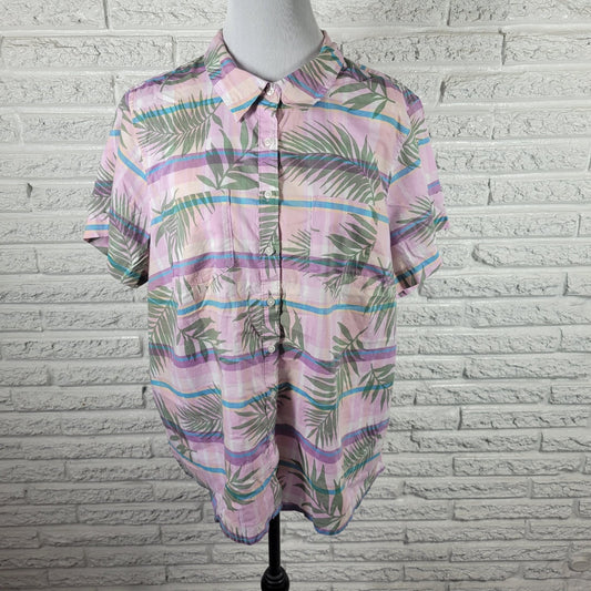 Lands End Women's Plus Size 1X Lavender Floral Cotton Button Front Short Sleeve