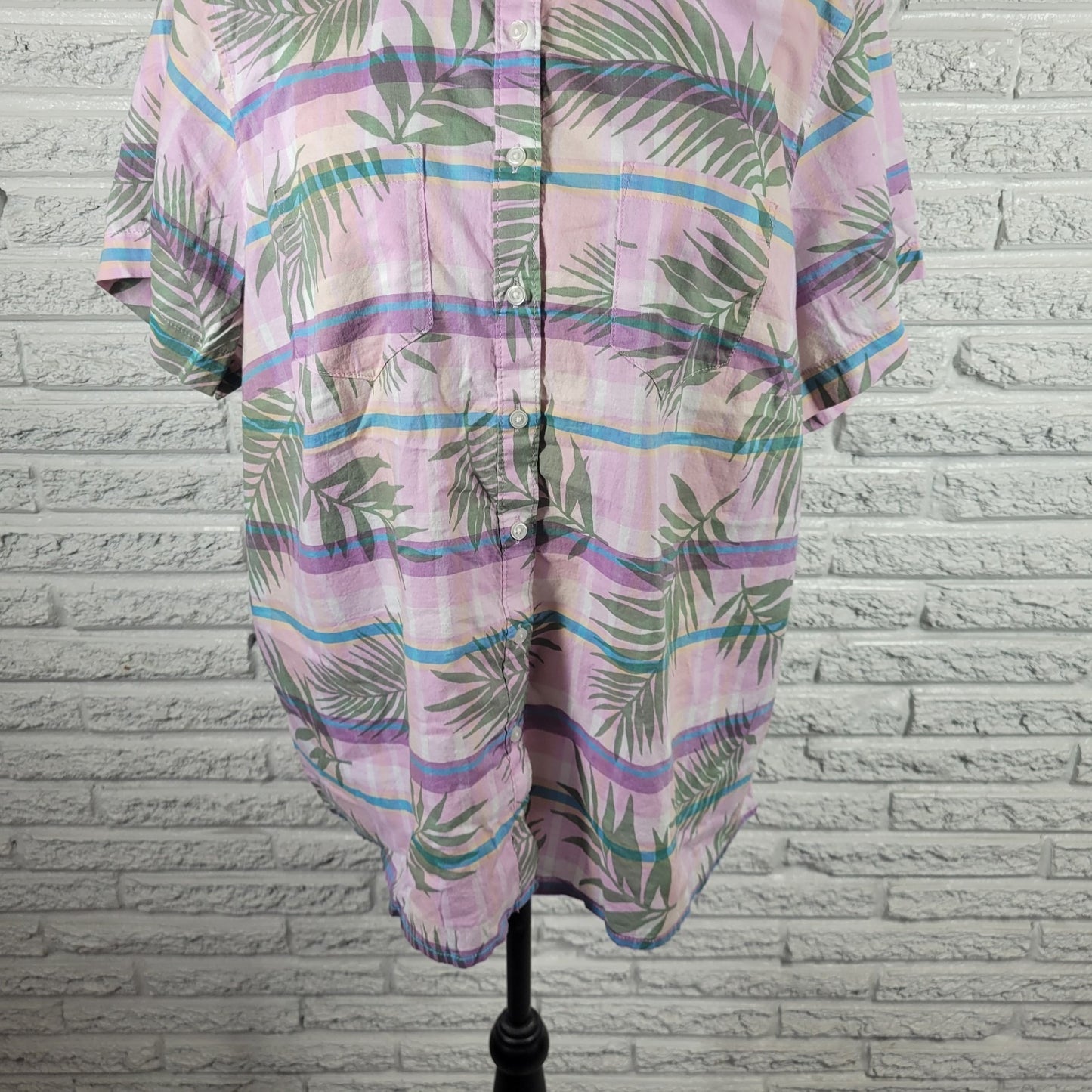 Lands End Women's Plus Size 1X Lavender Floral Cotton Button Front Short Sleeve