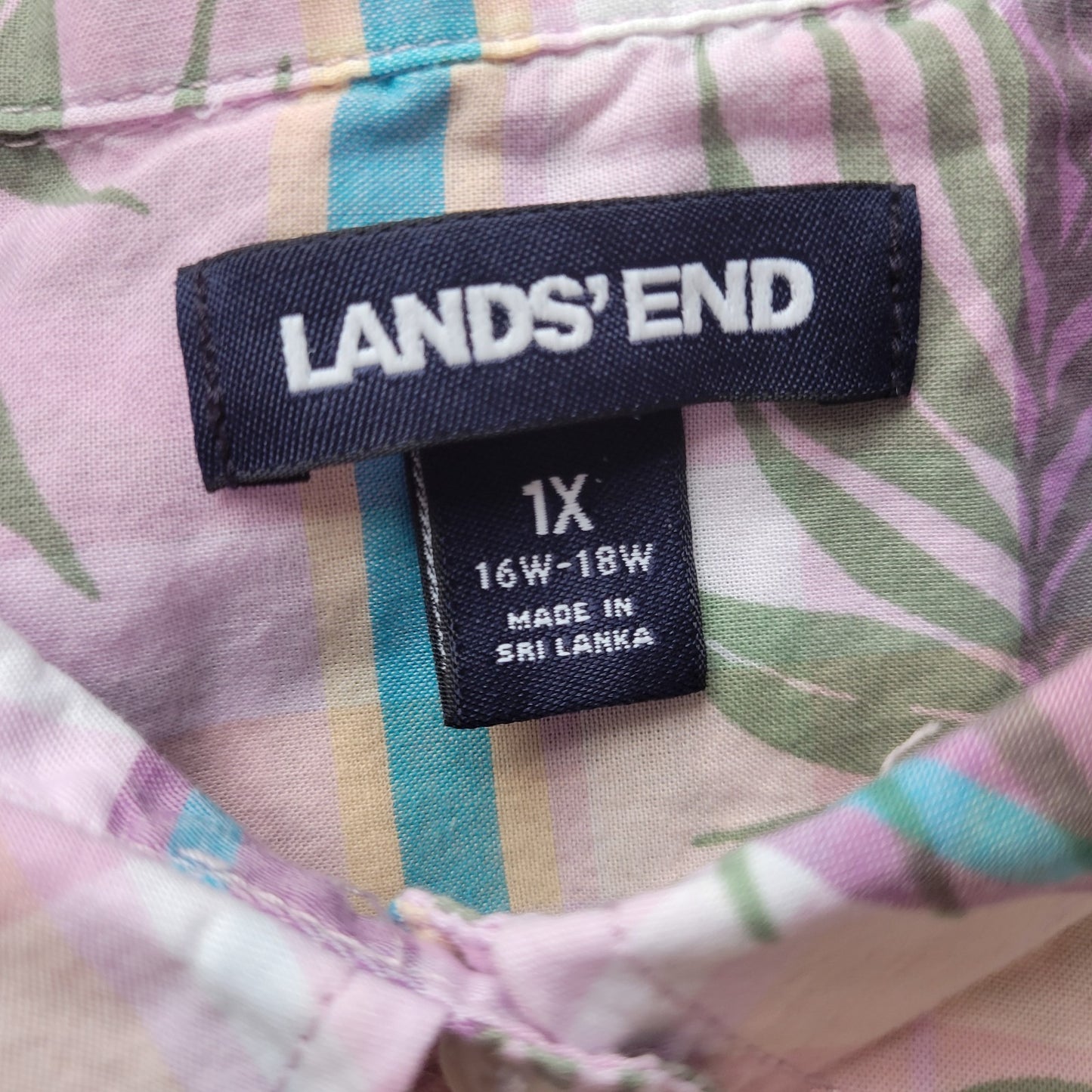 Lands End Women's Plus Size 1X Lavender Floral Cotton Button Front Short Sleeve