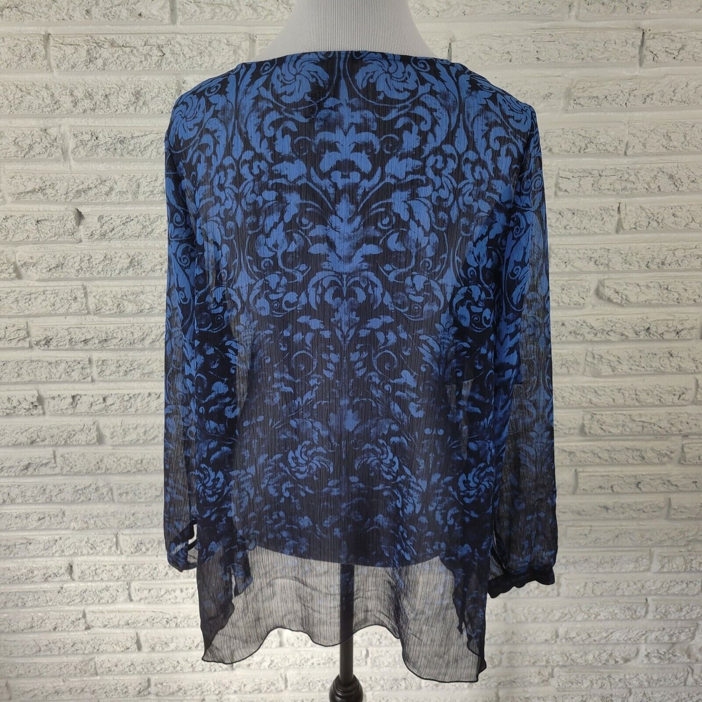 Catherines Womens Top 0X Plus Long Sleeve Blue Floral Sheer Crinkle Crepe Office