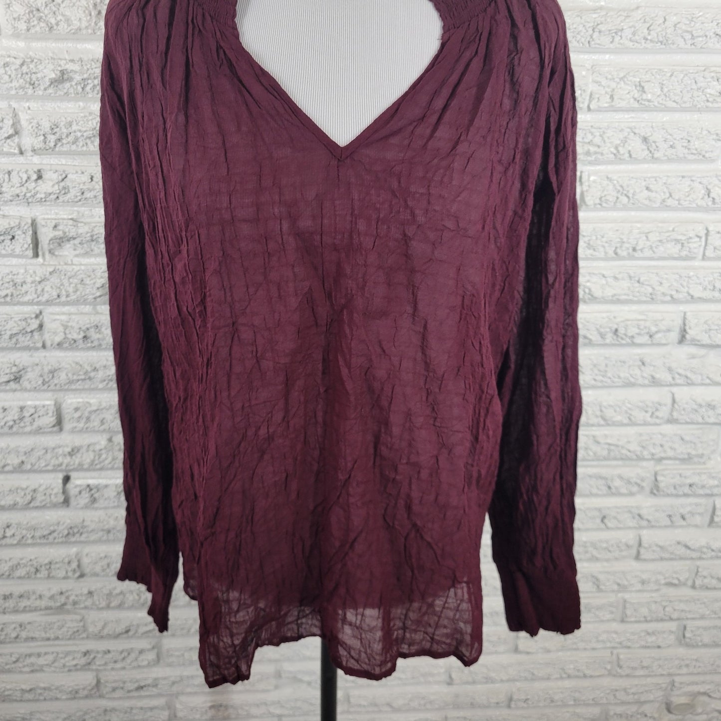 Ana Womens Top 1X Plus Long Sleeve Burgundy Frilly Neckline Sheer Lightweight