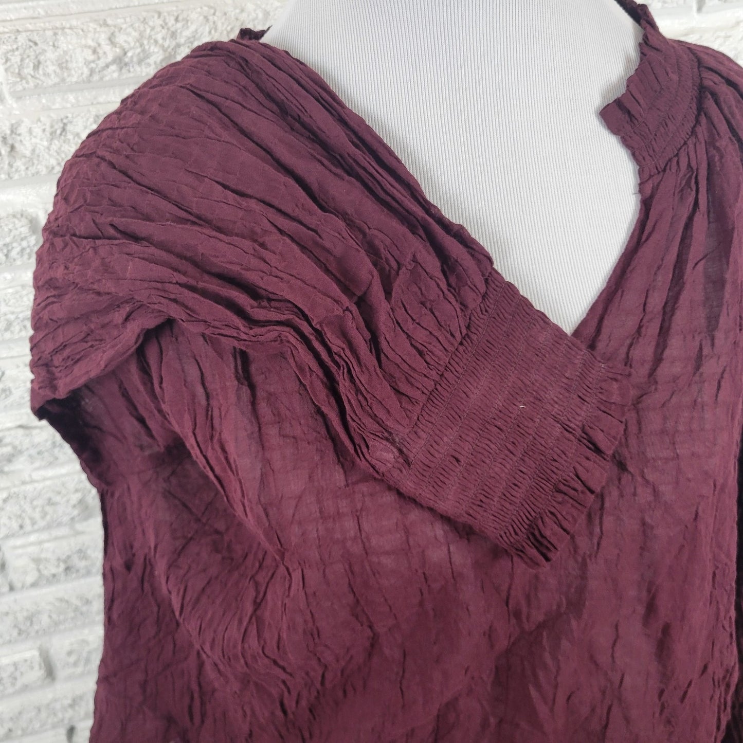 Ana Womens Top 1X Plus Long Sleeve Burgundy Frilly Neckline Sheer Lightweight