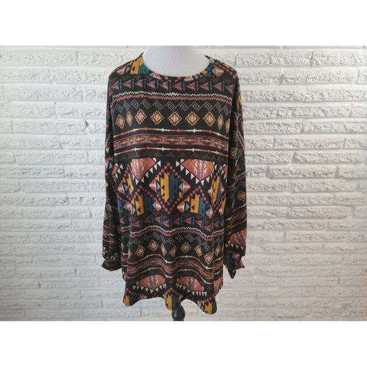 Mint Pineapple Womens Top 3XL Plus Tunic Tribal Black Geometric Fitted Sleeve