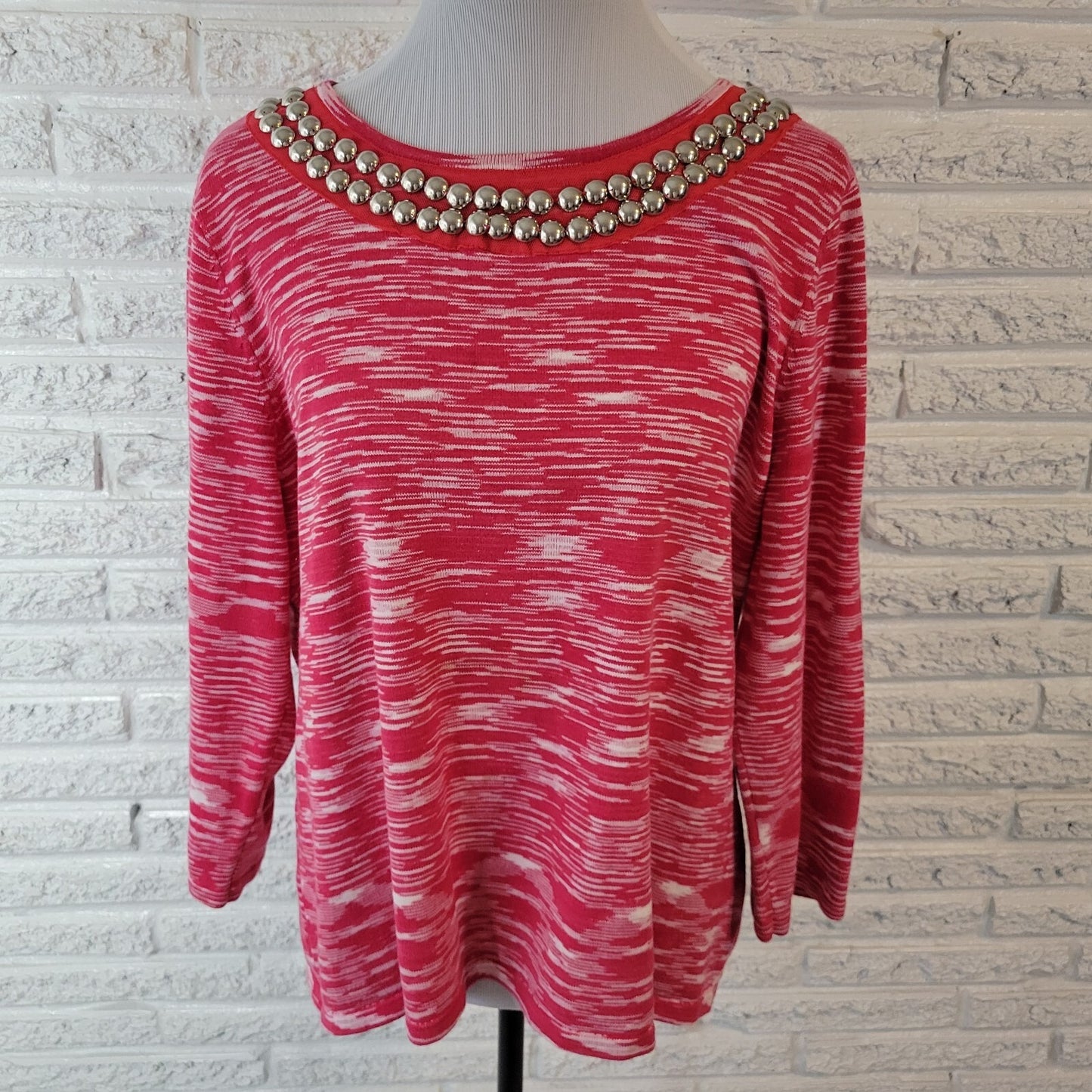 Sag Harbor Women Top XL 3/4 Sleeve Pink Heather Knit Cotton Studded Comfy Casual