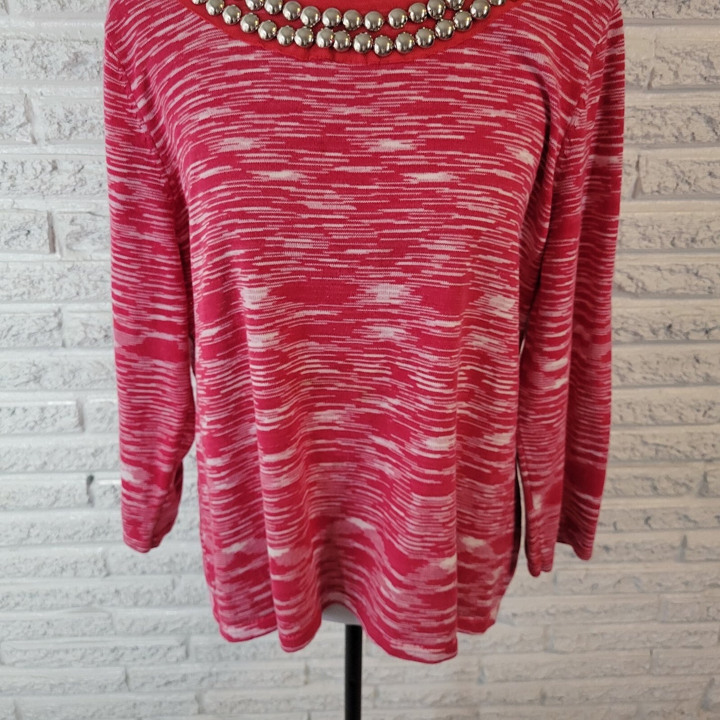 Sag Harbor Women Top XL 3/4 Sleeve Pink Heather Knit Cotton Studded Comfy Casual
