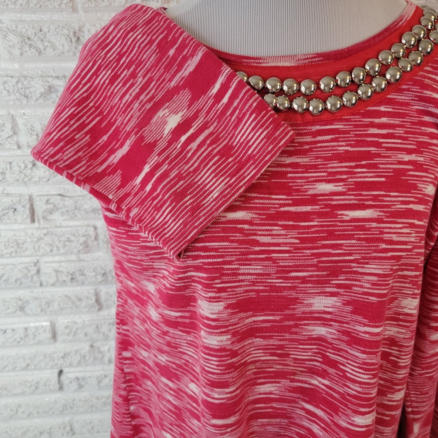 Sag Harbor Women Top XL 3/4 Sleeve Pink Heather Knit Cotton Studded Comfy Casual