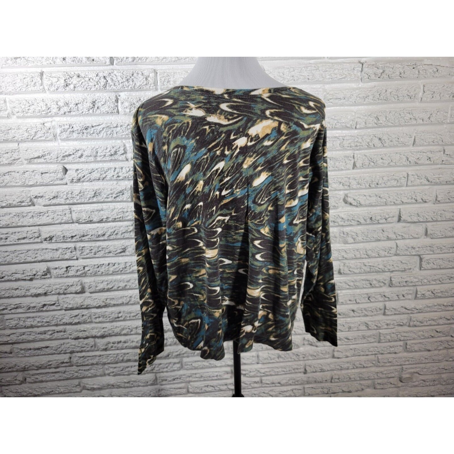 Westbound Womens Top 2X Plus Long Sleeve Green Watercolor Cotton Casual