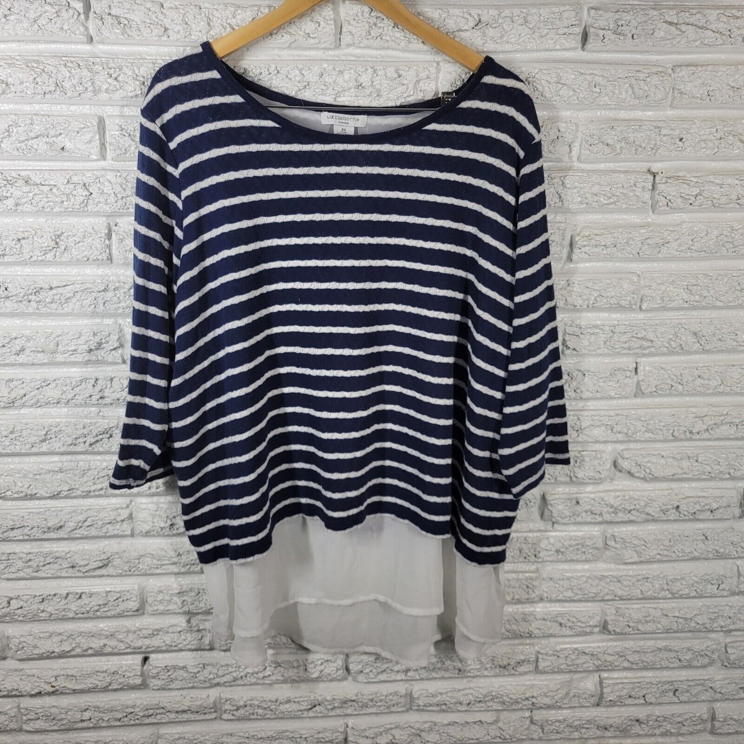 Liz Claiborne Womens Top 3X Plus Knit 3/4 Sleeve Blue Stripe Chiffon Hem Lined