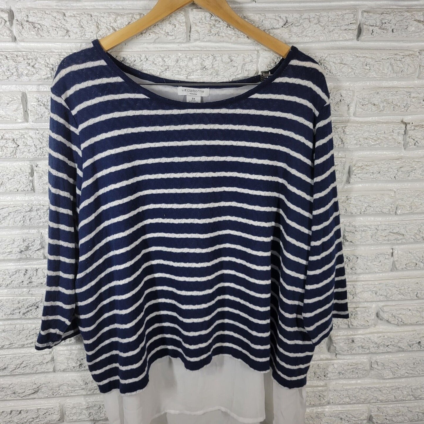 Liz Claiborne Womens Top 3X Plus Knit 3/4 Sleeve Blue Stripe Chiffon Hem Lined