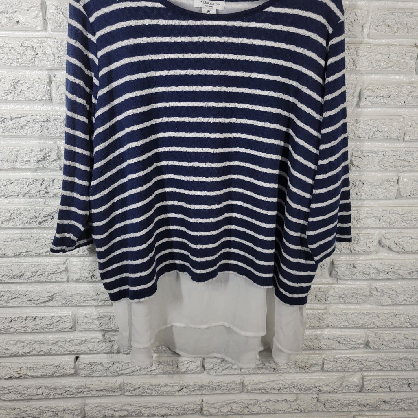 Liz Claiborne Womens Top 3X Plus Knit 3/4 Sleeve Blue Stripe Chiffon Hem Lined