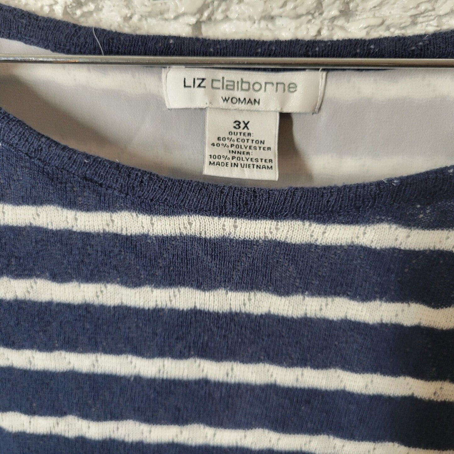 Liz Claiborne Womens Top 3X Plus Knit 3/4 Sleeve Blue Stripe Chiffon Hem Lined
