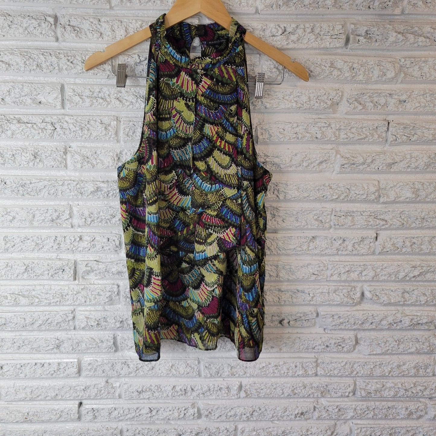 Madison Womens Top XL Sleeveless Green Polyester Lightweight Office Button Up